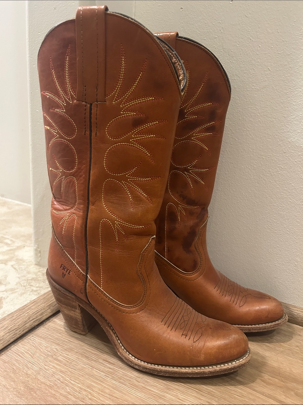 Frye Cognac Leather Western Heeled Boots